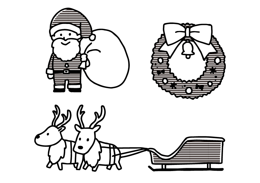 クリスマス　サンタクロース　リース  ツリー　ソリ　トナカイ  無料イラスト　イラスト教材　教材　モノクロ　白黒